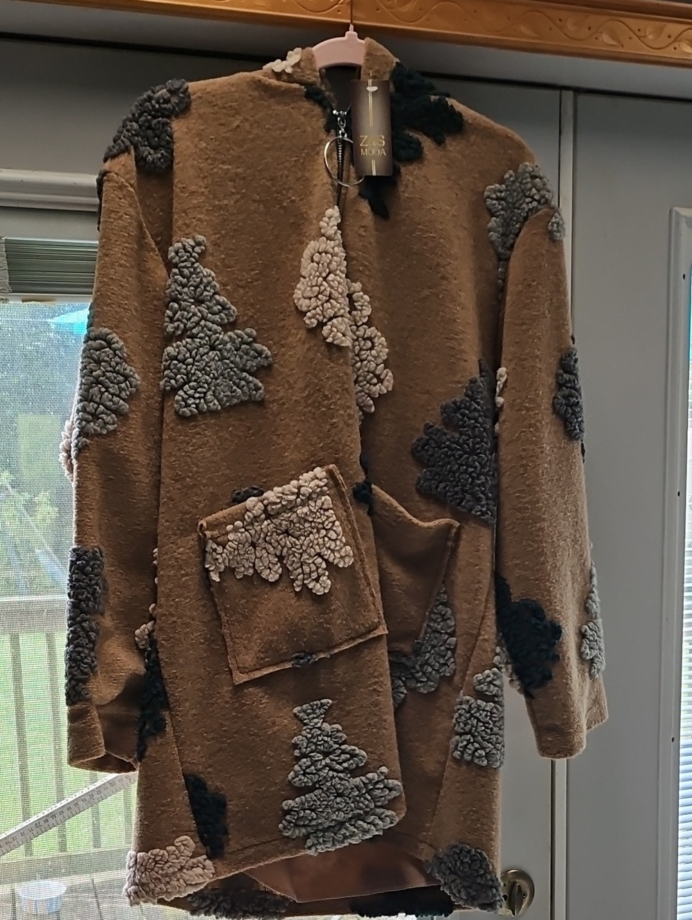 Brown Patchwork Textured Open Coat
